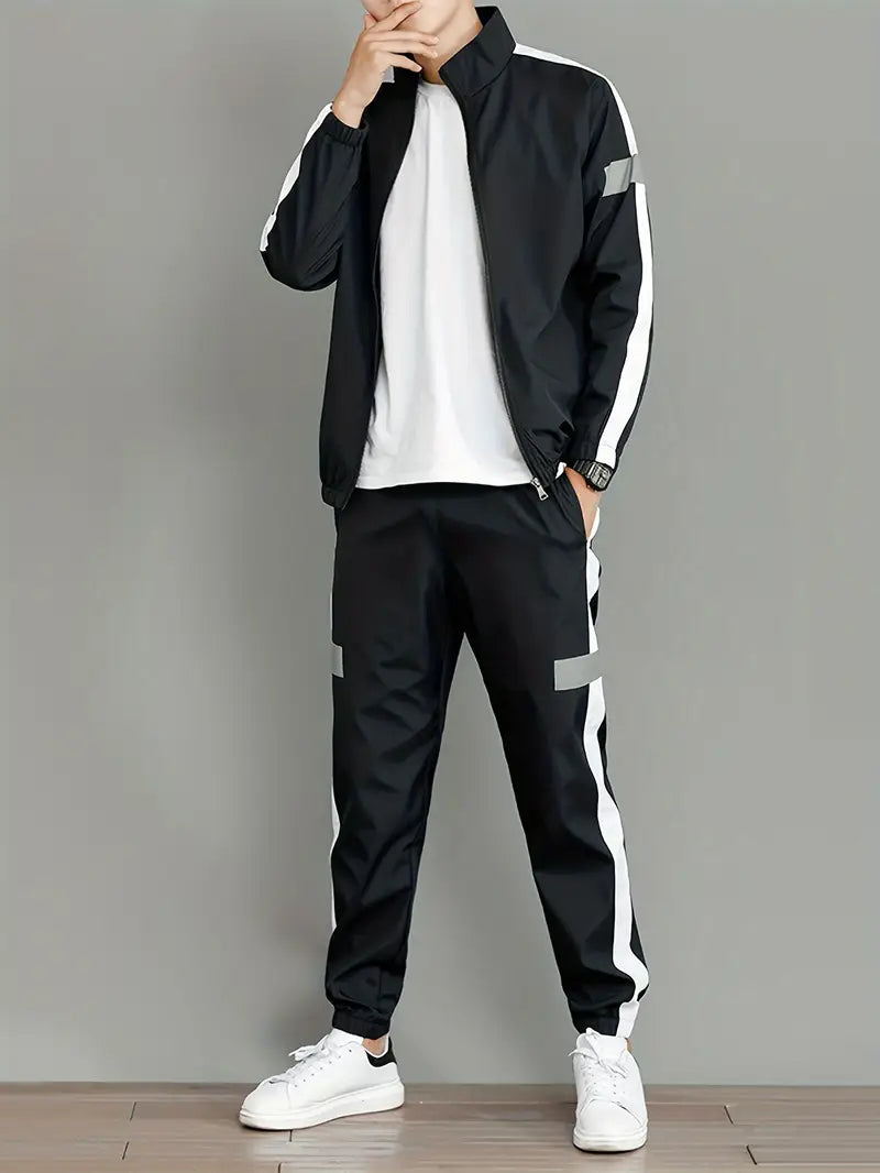 Casual Sportswear Set - Black and White Striped Zip-Up Jacket