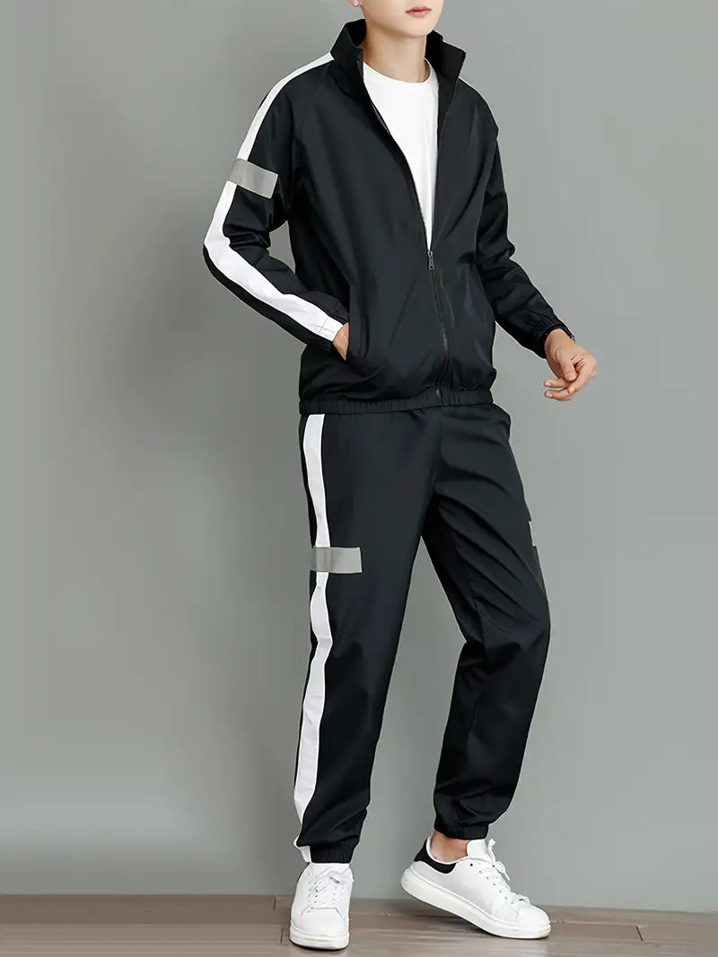 Casual Sportswear Set - Black and White Striped Zip-Up Jacket