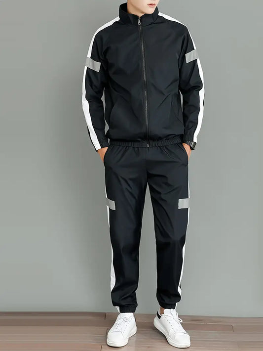 Casual Sportswear Set - Black and White Striped Zip-Up Jacket