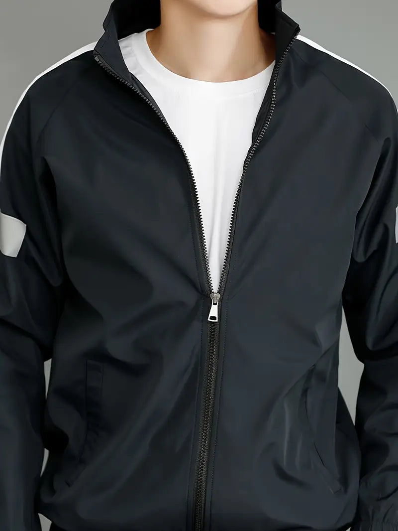 Casual Sportswear Set - Black and White Striped Zip-Up Jacket