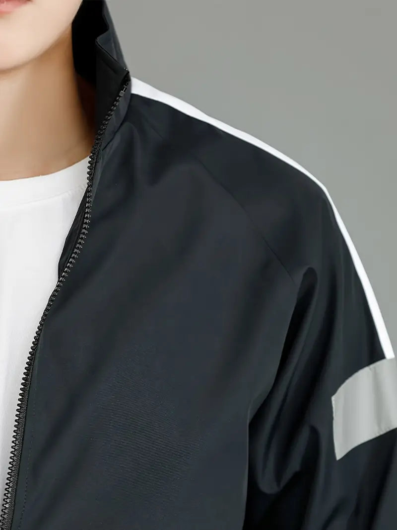 Casual Sportswear Set - Black and White Striped Zip-Up Jacket