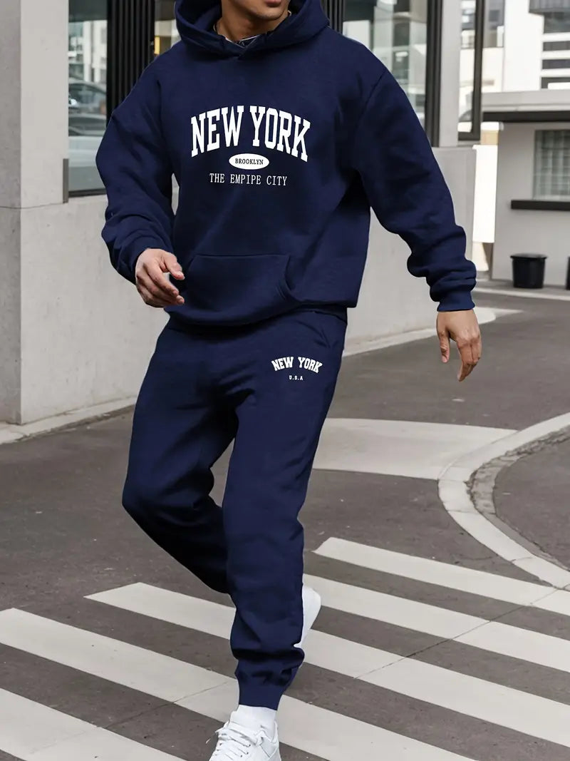 Thickened Fleece Sports Suit with New York Letter Print